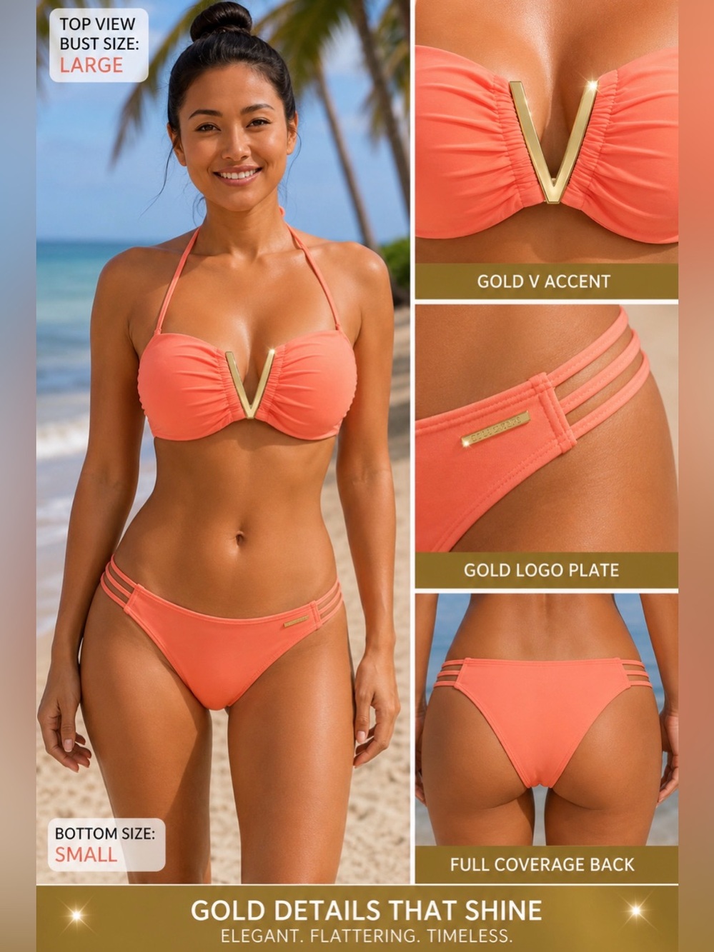 Victoria's Secret Coral Bikini w/ Gold V Accent & Removable Straps - size S/L